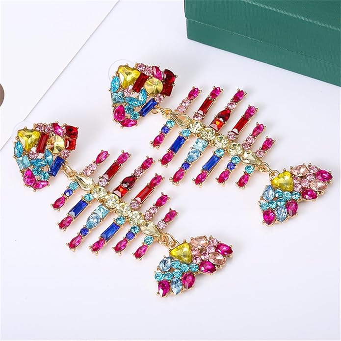 Gold Colorful Acrylic Rhinestone Fishbone Earrings Exaggerated Fish Animal Long Pendant Earrings Metal Studs Jewelry for Women Gift