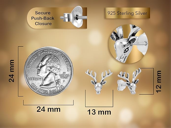 AeraVida Majestic Stag Deer Head .925 Sterling Silver Stud Earrings | Elegant Nature-Inspired Jewelry for Women | Unique Silver Animal Studs