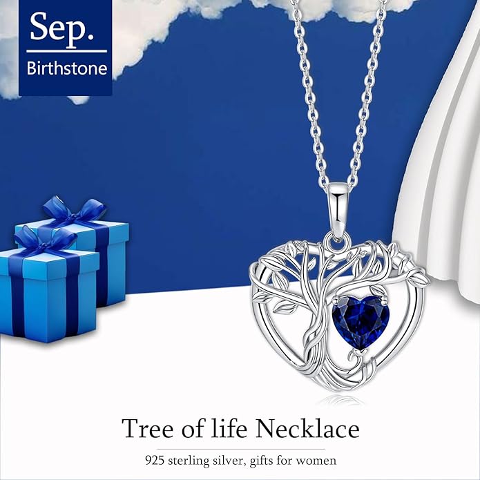 Tree of Life Necklaces for Women 925 Sterling Silver Heart Pendant Birthstone Necklace Created Gemstone Jewelry for Her, 18"+2"