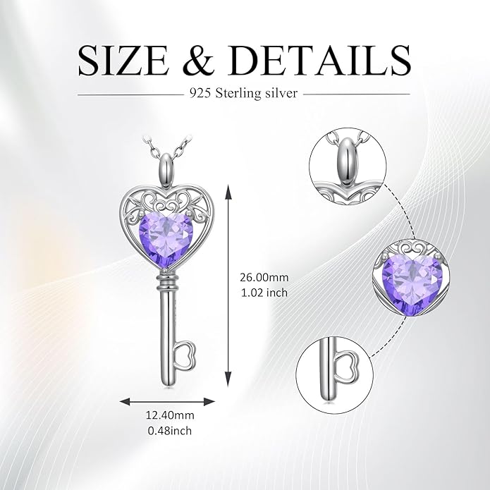 WSX Heart Key Birthstone Necklace for Women 925 Sterling Silver Love Key Pendant with Birthstone Valentine's Day Anniversary Jewelry Gift for Her