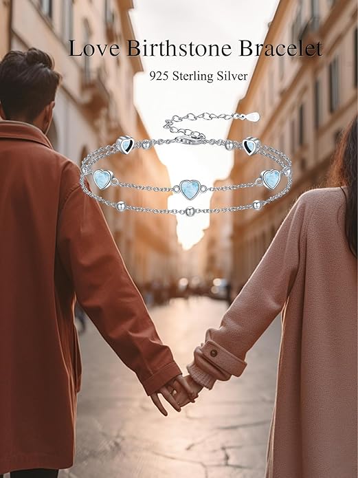 Birthstone Anklet/Bracelets for Women 925 Sterling Silver Charm Link Double Strand Heart Birthstone Jewelry Gift for Wife Women Mother's Day Gift