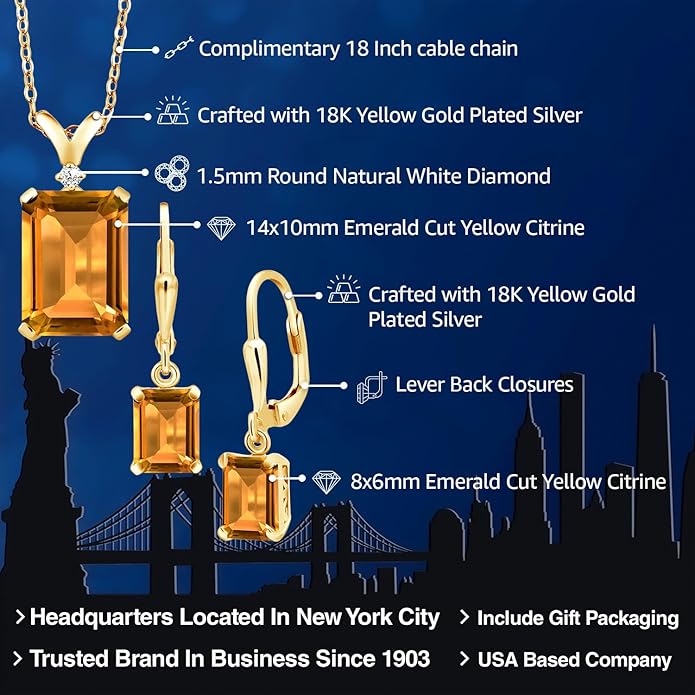 Gem Stone King 9-13 Cttw Pendant and Earrings Jewelry Set For Women | Emerald Cut 14X10MM and 8X6MM | Round 1.5MM | Gemstone Birthstone and Diamond | 925 Sterling Silver | 18 Inch Silver Chain