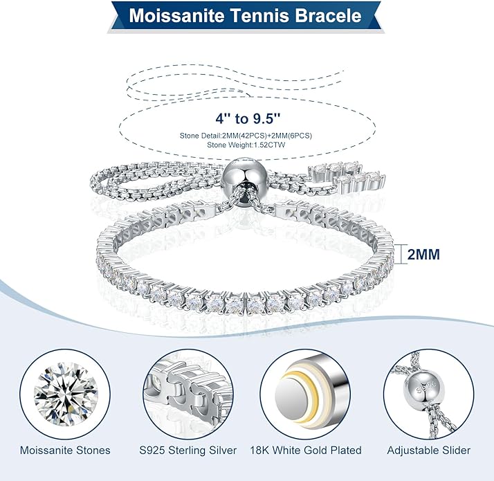 Moissanite Tennis Bracelet 1.79ct-8.69ct Adjustable Bracelet for Women 18K White Gold Plated S925 Sterling Silver Tennis Bracelet D Color VVS1 Round Cut 2/3/4mm Moissanite Bracelet Gifts for Wife/Mom