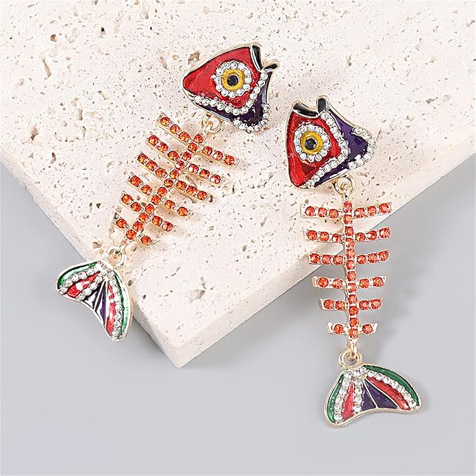 Creative Exaggerated Long Colorful Sparkly Crystal Fish Bone Dangle Drop Earrings Vintage Gold Cute Enamel Diamond Animal metal Stud Earrings