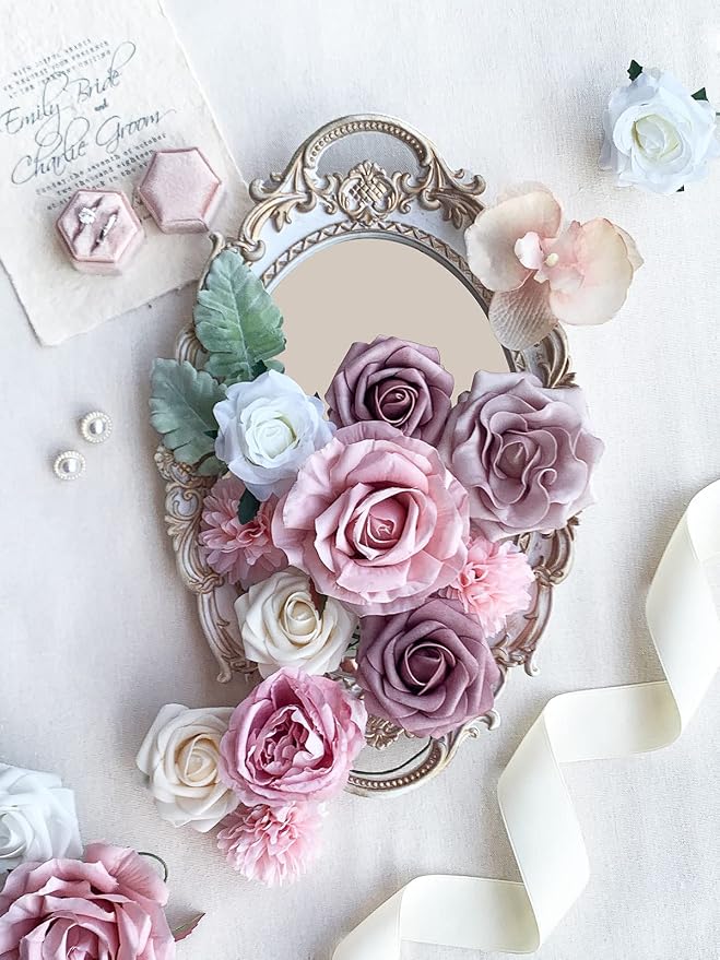 FACINOC Roses Artificial Flowers Pink Bouquet Dusty Fake Flower Box Set | DIY - Image 3
