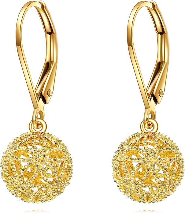 DOVRAN 10K 14K Solid Gold Leverback Earrings for Women Real Yellow Gold Filigree Dangle Earrings Trendy Jewelry Birthday Christmas Gifts for Wife Mom