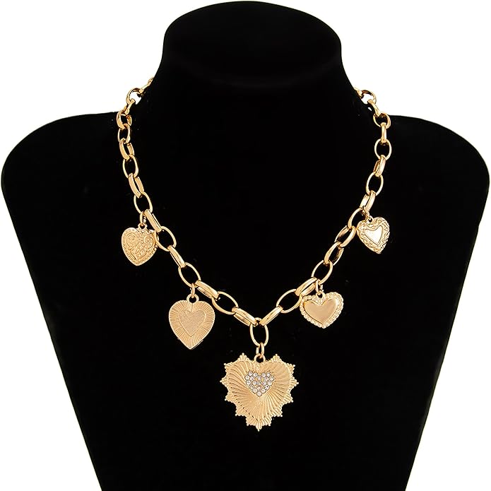 Gold Heart Chunky Charm Necklace for Women with Matching Bracelet, Healing Boho Jewelry Set, Italian Mirror-Polished Alloy, Spiritual Energy Pendant for Meditation, Growth & Inner Strength Gift