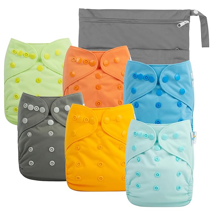 Babygoal Cloth Diaper Covers 6 Pack with Wet Bag for Fitted Diapers and Prefolds with Double Gussets, Adjustable and Reusable for Baby Boys and Girls 6DCF06