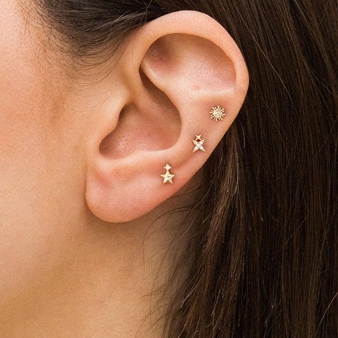 VRIUA 20G Tiny Flat Back Earrings for Women - 14K Gold/Silver Plated Small Flat Back Stud Earrings Hypoallergenic Cartilage Helix Piercing Jewelry