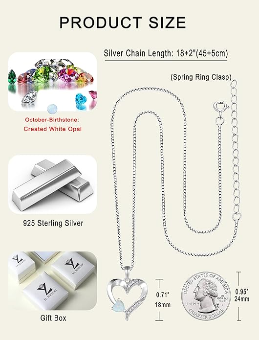 YL Heart Necklace 925 Sterling Silver Love Heart Pendant Birthstone Jewelry for Women