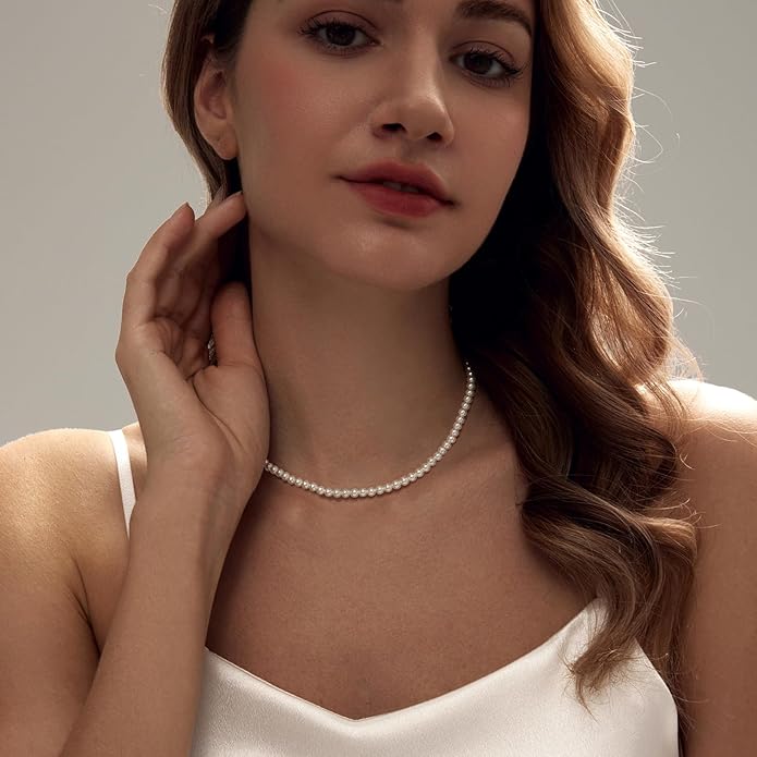 Zeffy Pearl Necklace 4MM/6MM/8MM Dainty Round Imitation Pearl Choker Necklace Wedding Pearl Necklace Delicate Jewelry for Women Simple Bridesmaid Jewelry Gifts