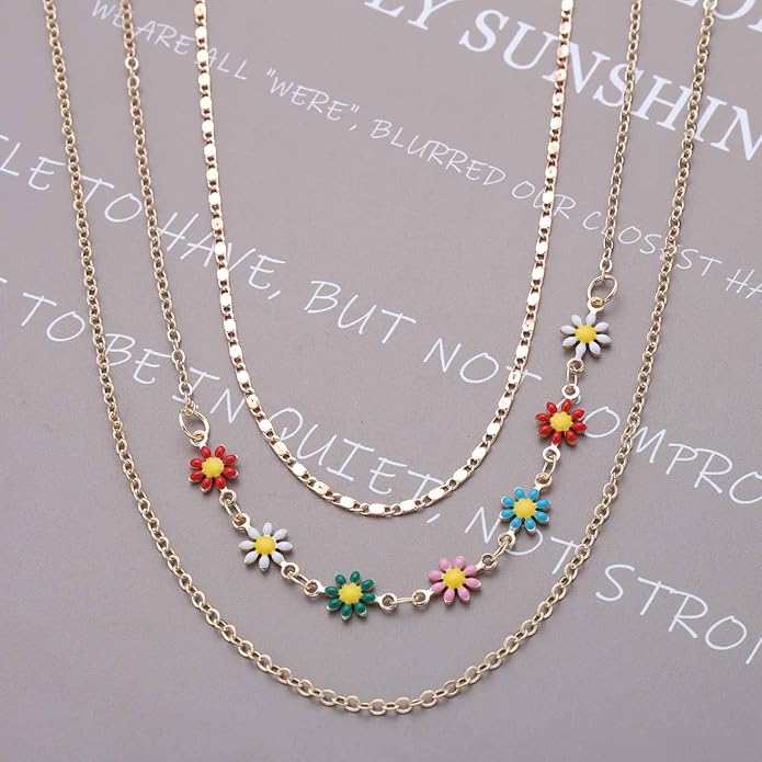 Vintage Layered Colorful Flower Necklace Multi Color Daisy Flower Choker Necklace Gold Rainbow Daisy Necklace Enamel Floral Necklace Chain Jewelry for Women