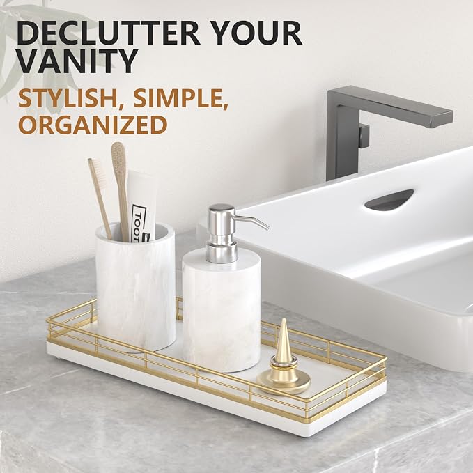 Bathroom Tray for Counter Top Organizer, Oak Wood Vanity Tray | Metal Frame for - Image 3