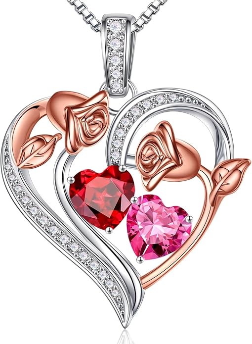 Iefil Valentines Day Gifts for Her - 925 Sterling Silver Rose Heart Necklace, Birthstone Jewelry, Anniversary Birthday Gifts for Wife Girlfriend Mom Daughter