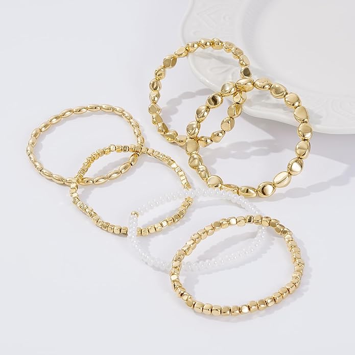Gold Plated Beaded Bracelets for Women Trendy, 14K Gold Plated Stack Cross Pearl Gold Plated Bead Stretch Bracelets Set Elastic Hypoallergenic Bracelets Jewelry Gifts