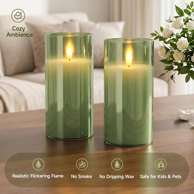 Homemory Sage Green Glass Flameless Candles, Real Wax, Remote Timer, 2 Pack | - Image 2