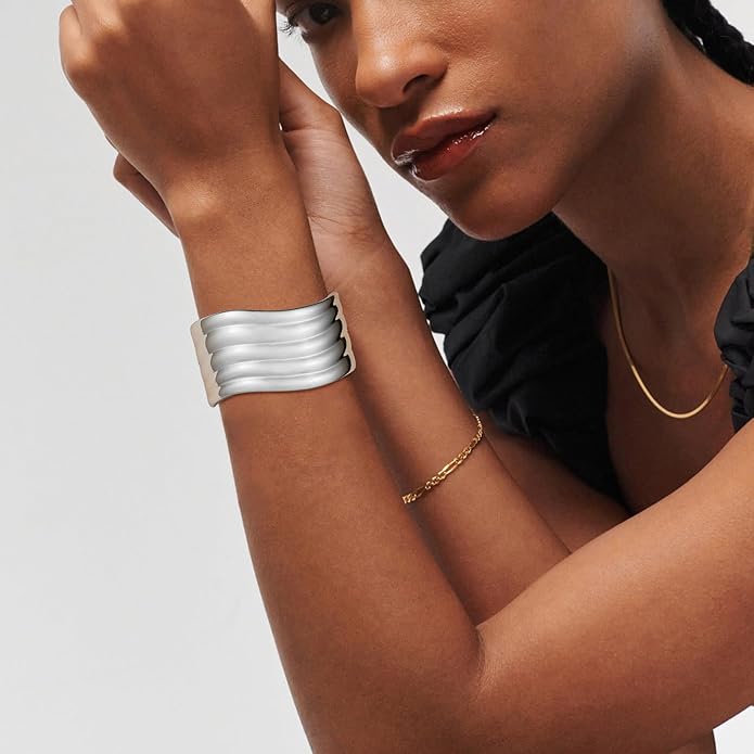 HZMAN 18K Gold Plated Wide Cuff Bracelet for Women - Premium Alloy Shiny Polished Double Layer Statement Bangle, Trendy Daily Wear Party Jewelry Accessory