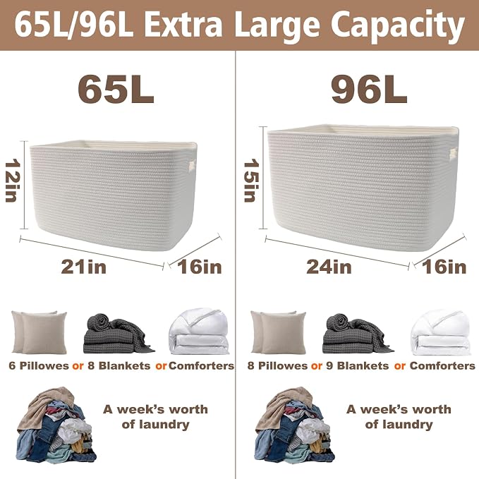 JMvicyroam 65L Large Woven Cotton Rope Blanket Basket, Freestanding - Image 3