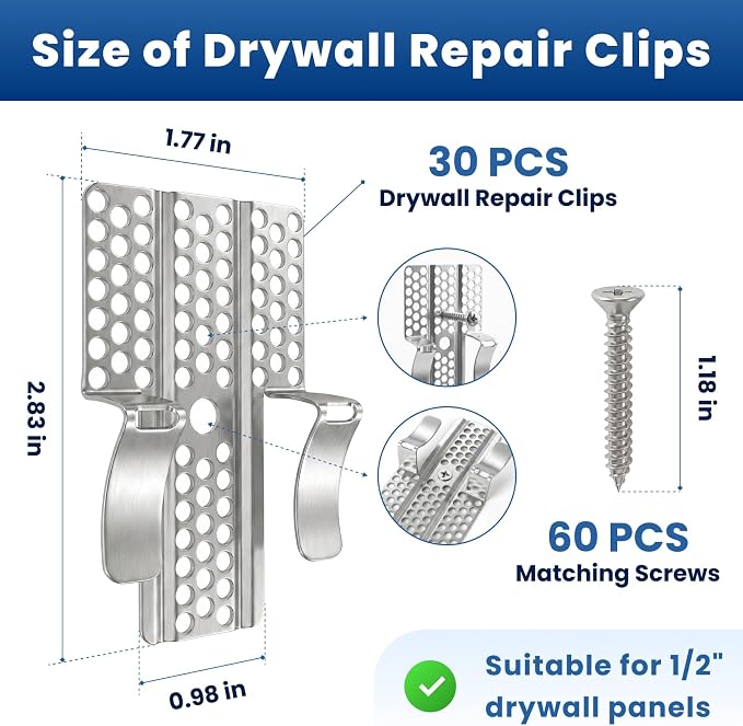 30 Pack Drywall Repair Clips, 1/2 Inch Stainless Steel Drywall Patch Kit | - Image 2