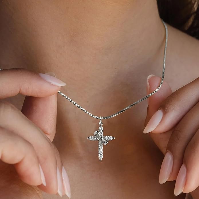 Crown Cross Necklace for Women, 14K Gold Silver Cubic Zirconia Crown Cross Necklace, Diamond Gold Silver Cross Necklaces, Dainty Cross Faith Simple Trendy Charm Jewelry Gift for Women