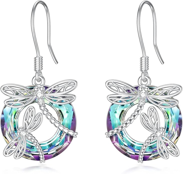 TOUPOP Dragonfly Gifts for Women Sterling Silver Dragonfly Earrings with Circle Crystal Dragonfly Dangle Drop Earrings Jewelry Gifts for Women Mom Birthday Christmas