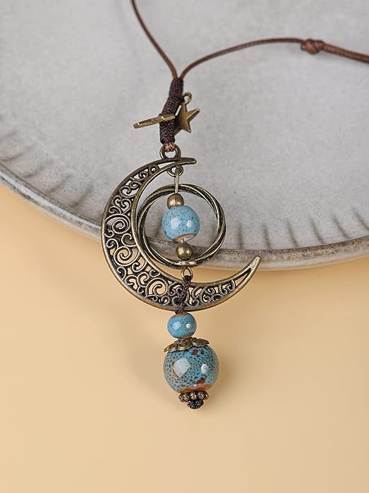 MINACHI Vintage Bohemian Hippie Ceramic Beads Crescent Moon Lariat Necklace, Boho Hippie Statement Jewelry Gift for Women
