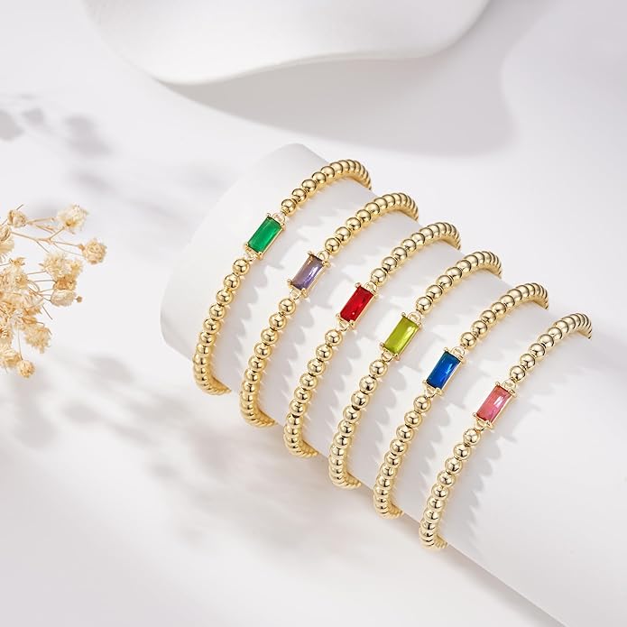 Yoosteel Valentines Gifts for Her Kids Girls - Valentines Day Bracelets Dainty Birthstone Bracelet for Women Elastic 14K-Gold-Plated Bead Bracelets Trendy Friendship Birthday Jewelry Gift for Teenage Girl Women