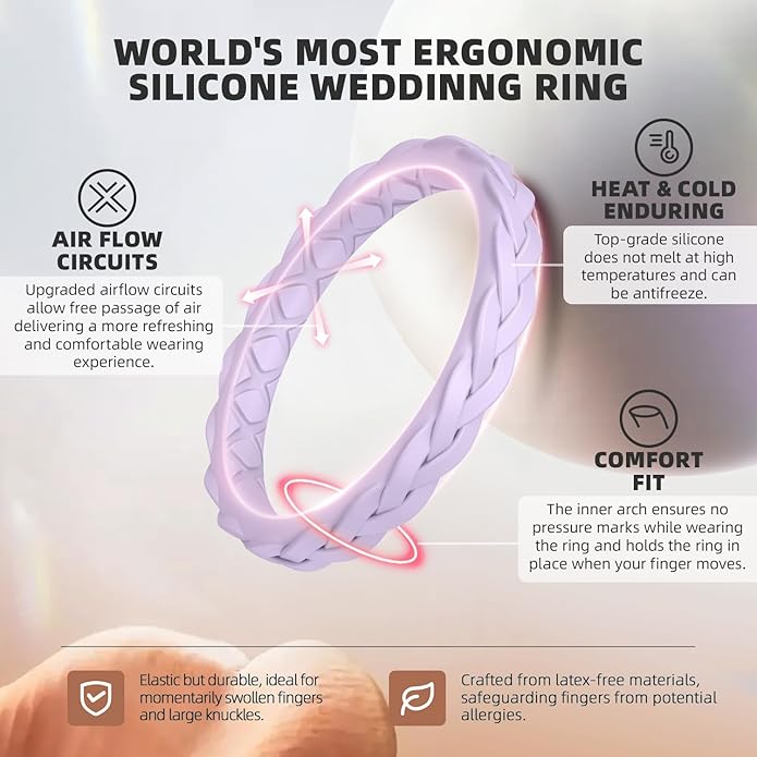 Egnaro Women's Wedding Bands, Silicone Thin and Stackable Rubber Engagement Ring, Variety Multipack With Breathable Grooves Workout Accessories