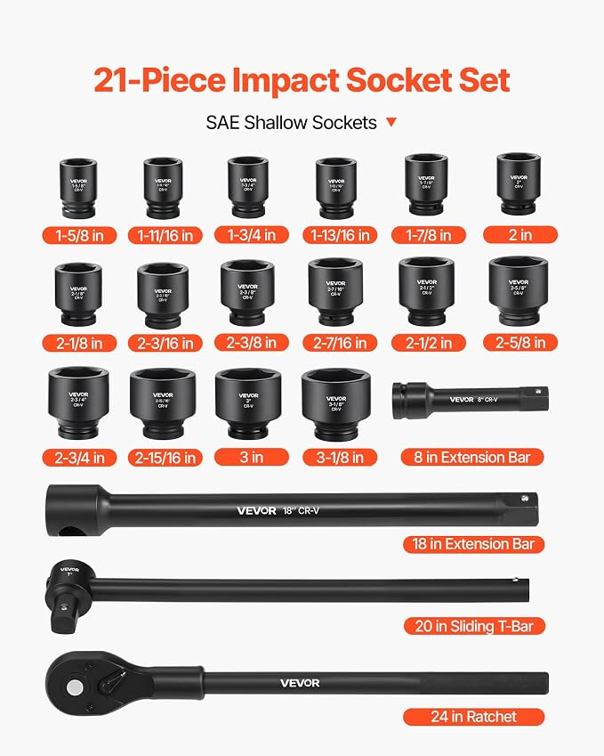 VEVOR 1 in Drive Impact Socket Set, 21 Piece, SAE | 6 Point Shallow Cr-V Impact - Image 3