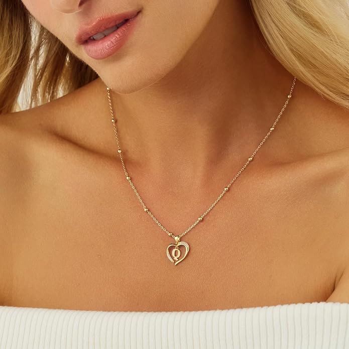 Cicy Bell Womens Heart Initial Necklace for Women 18k Gold Plated Shell Personalized Letter Pendant Necklace 17.7'' with 2'' Extender