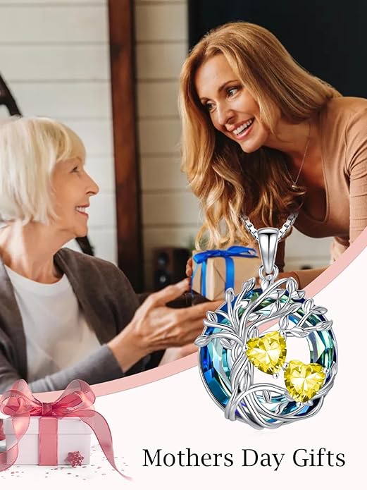 TOUPOP s925 Sterling Silver Family Celtic Tree of Life Pendant Necklaces with 2 Heart Birthstone with Blue Austrian Crystal Jewelry Birthday Valentines Day Gifts for Her, Anniversary Christmas Gifts for Wife Girlfriend Mom (18K Real White Gold Filled)