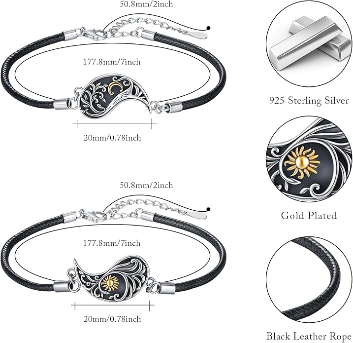 Yin Yang Bracelet 925 Sterling Silver Couple Friendship Bracelets Tree of Life/Sun Moon/Mountain/Lotus Abalone Jewelry for Women Men Couples, Leather Cord 7+2 in