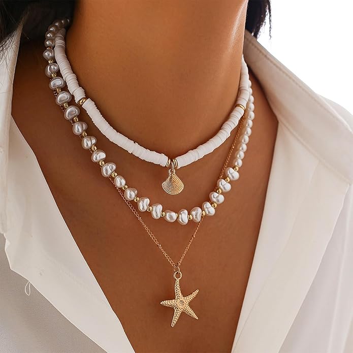Gold Sea Shell Necklace Layered Charm Necklace for Women Boho Summer Seashell Beach Starfish Necklaces 14k Pearl Chain Surfer Jewelry Beach Vacation Essentials