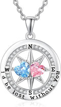 Compass Necklace for Women, Exquisite S925 Valentines Day Anniversary Birthday Gifts for Wife Her Double Birthstone Pendant Jewelry ‘I'd be Lost Without You’