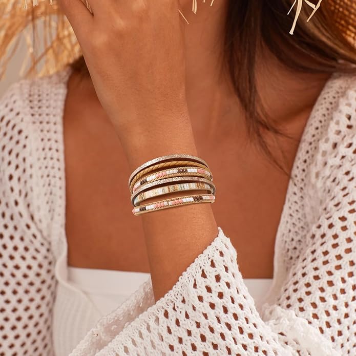 Wrapped Bracelets for Women,Leather Bracelet,Boho Bracelets for Women,Multi-Layer Pearl Crystal Bracelet Bangle Jewelry