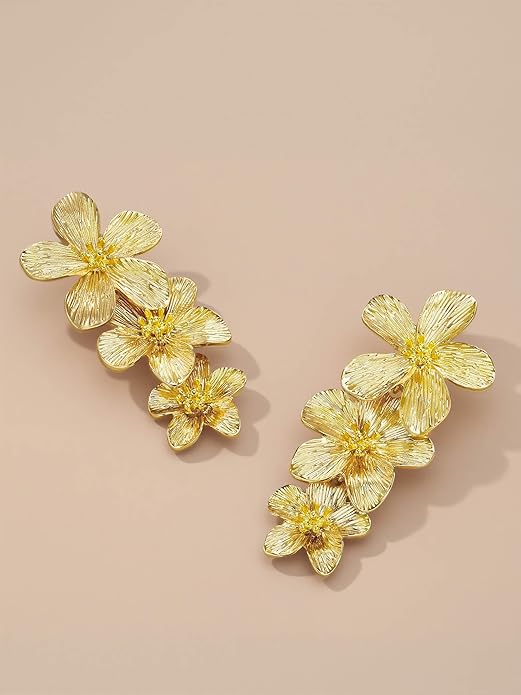 18K Gold Plated Large Chunky Flower Statement Earrings for Women by SNGIA, Summer Beach Floral Handmade Drop Jewelry, Maximalist Wedding Date Birthday Gift, Bold Exaggerated Textured Dangle Trendy Ribbed Jewelry, 18K Gold Plated Chandelier Fashion Acce...