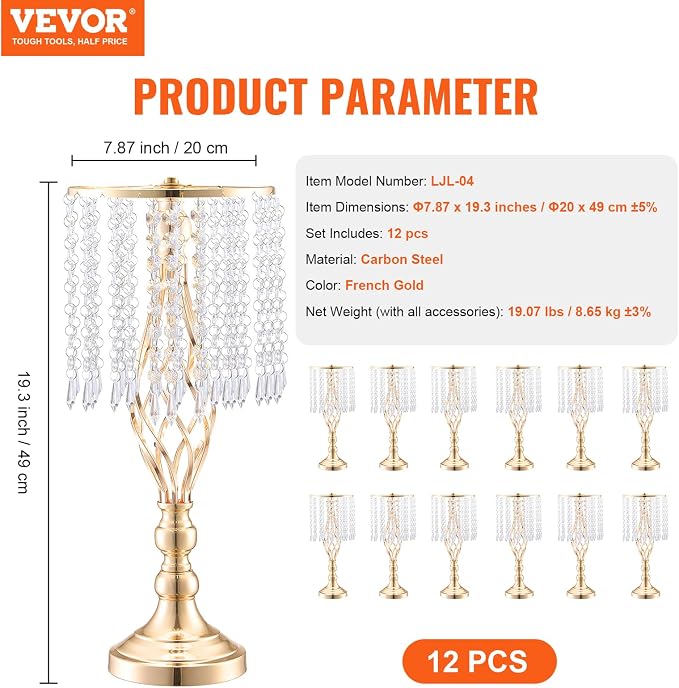 VEVOR 12PCS 19.3in Tall Crystal Wedding Flower Stand Metal Centerpiece Vase | - Image 7