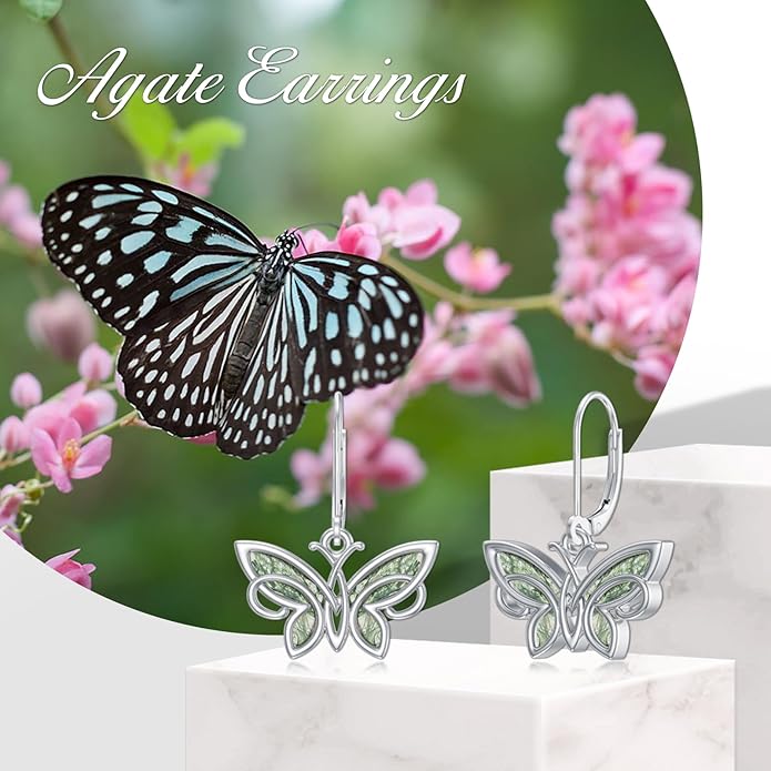 PELOVNY Animal Dangle Earrings Sterling Silver Hypoallergenic Moss Agate Crystal Moonstone Earrings Bee Butterfly Dolphin Peacock Phoenix Jewelry Birthday Christmas Gifts for Women
