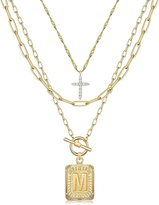 MJartoria Layered Initial Necklaces for Women Trendy, 14K Gold Plated Brass Simple Dainty Cross Choker Square Letter Pendant Necklace, Paperclip Chain Necklaces Jewelry