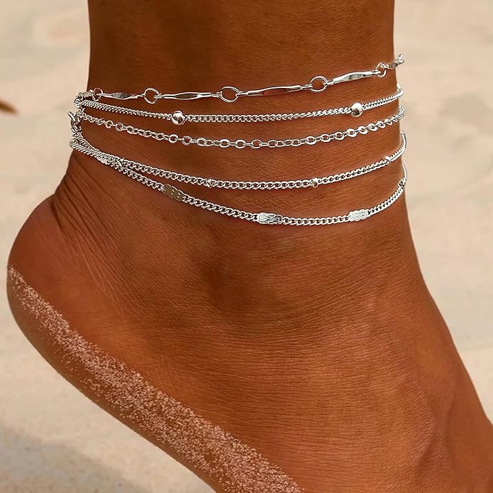 Anklets for Women 14K Gold Silver Plated Ankle Bracelets Trendy Waterproof Boho Anklets Set Adjustable Dainty Cute Diamond Beaded Heart Non Tarnish Summer Beach Jewelry Gift