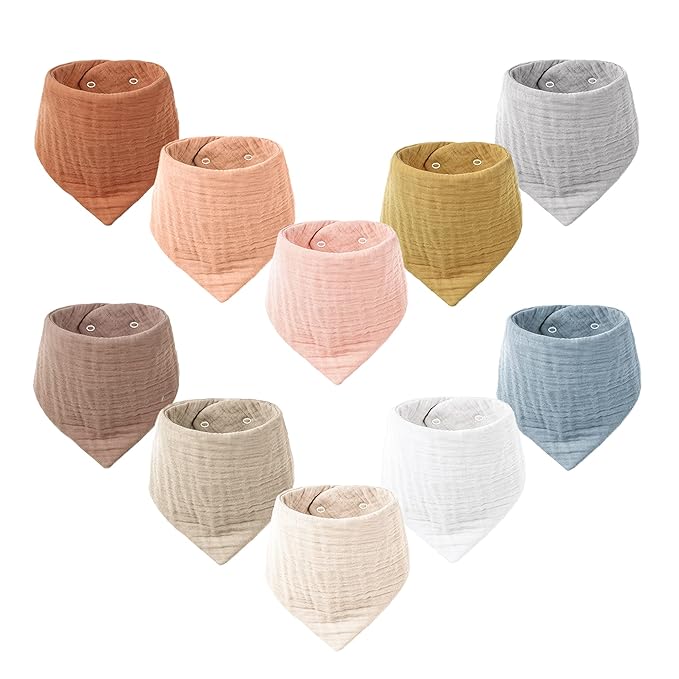 Konssy Muslin Baby Bibs 10 Pack Baby Bandana Drool Bibs 100% Cotton for Unisex Boys and Girls, Soft Absorbent Set for Teething and Drooling