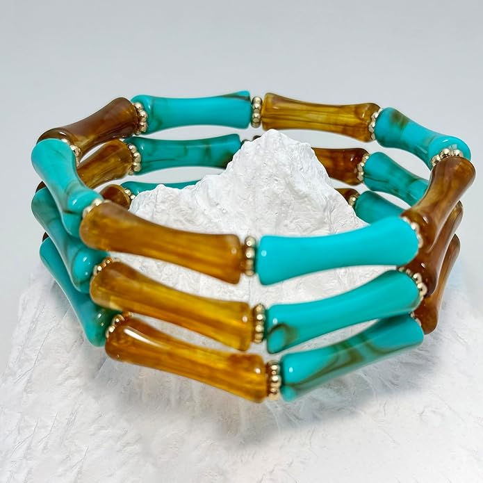 Tortoise Shell Bamboo Bangle Bracelet for Women – 3-Layer Acrylic Stretch Cuff with Faux Tortoiseshell Pattern – Retro Stackable Jewelry