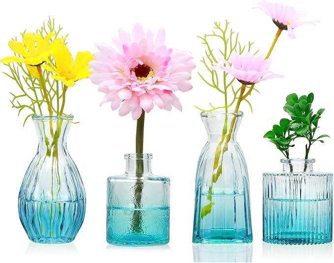 Glass Bud Vases Set of 4, Small Blue Flower Vases by Mapoxy