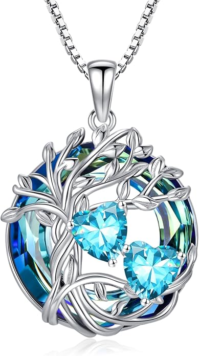 TOUPOP s925 Sterling Silver Family Celtic Tree of Life Pendant Necklaces with 2 Heart Birthstone with Blue Austrian Crystal Jewelry Birthday Valentines Day Gifts for Her, Anniversary Christmas Gifts for Wife Girlfriend Mom (18K Real White Gold Filled)