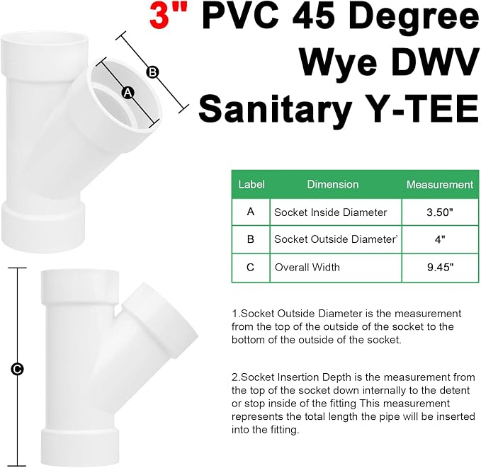 3" PVC 45 Degree Wye DWV Pipe Fittings SCH40 PVC DWV Sanitary Y-TEE Pipe - Image 2