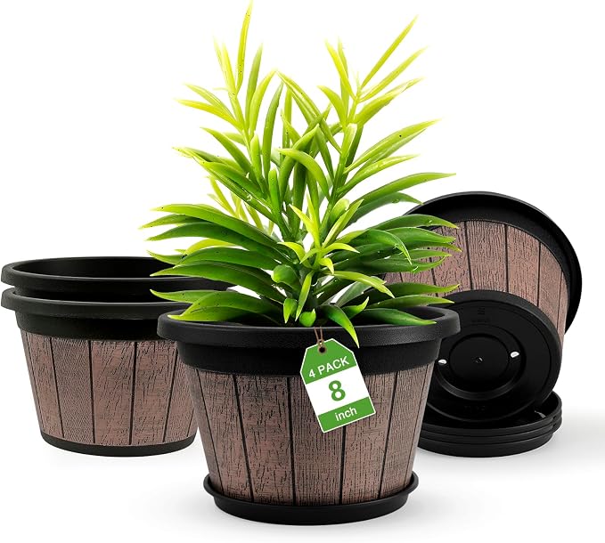 Quarut 4 Pack 8 inch Pots for Plants, Upgrade Whiskey Barrel Planters | Plastic by Quarut