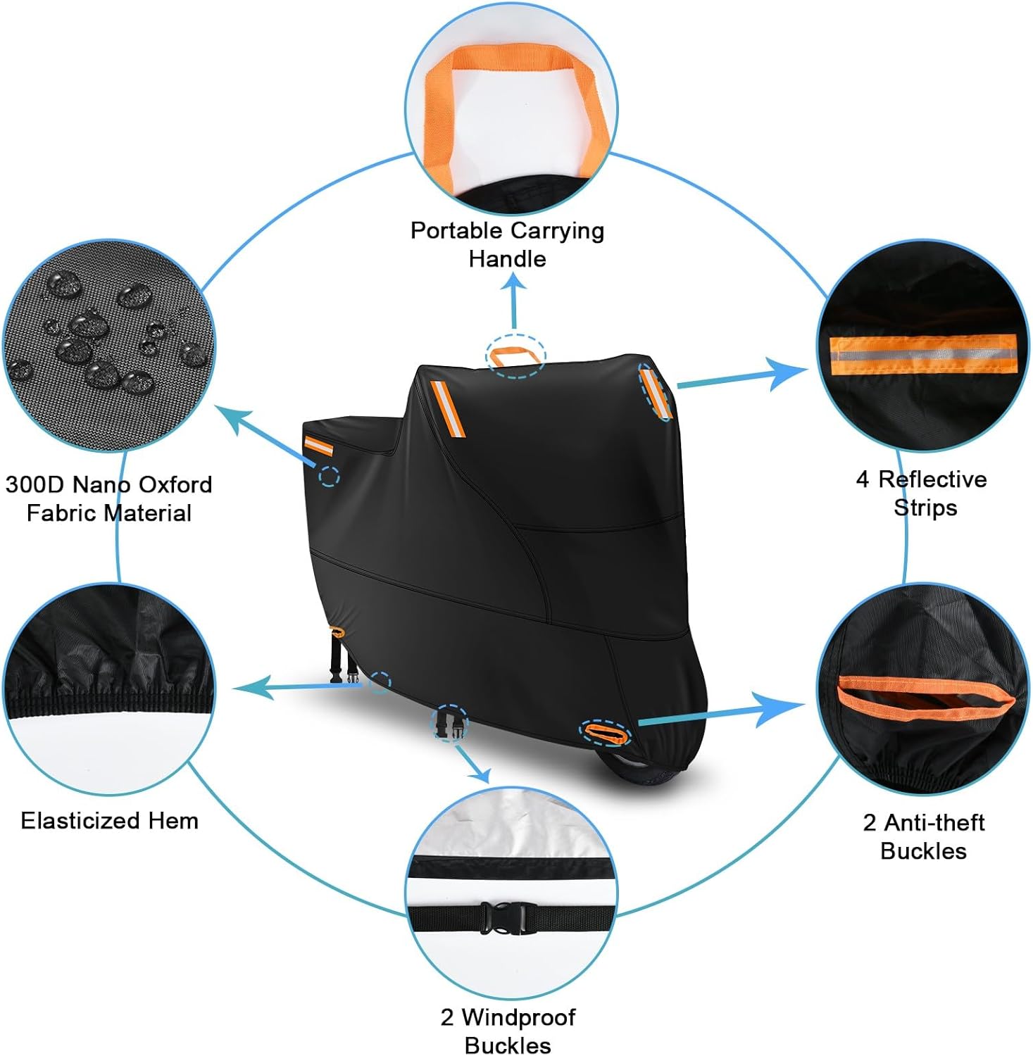 Waterproof Motorcycle Cover Outdoor, Motorbike Scooter Moped Rain Dust Protection Cover with 4 Reflective Strips and 2 Windproof Buckles, 2 Lock-Holes for Scooter Moped (4XL: 116 x 37 x 55 inch)