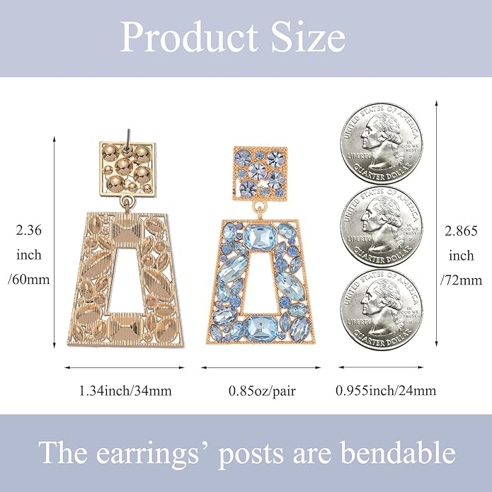 Rhinestone Rectangle Statement Earrings Colorful Crystal Geometric Drop Dangle Earrings for Women Prom Party