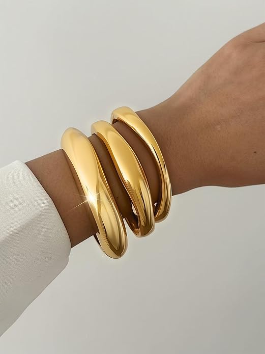 3Pcs Chunky Gold Bangles Bracelets for Women, Spring Hinged Big Stackable Bangles Set, Trendy Cuff Bracelet Stack Fashion Jewelry Gifts