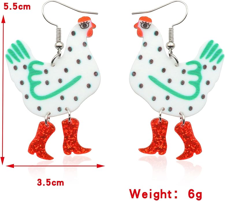 Acrylic Boot Big Chicken Earrings,Funny Colorful Boots Chicken Drop Dangle Earrings,Cock Hen Foot Chicken Earrings for Women Farm Design Lovely Gift